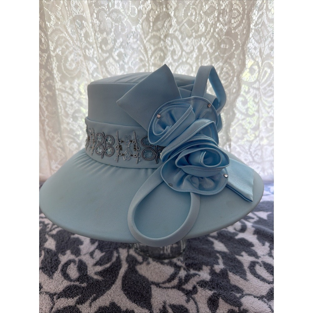 Vintage 50's Women's Bead Satin Bow Caramia Hat Powder Blue Derby Church Sequin